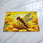 Vibrant fantasy art golden honeybee chopping board from Laser Design Creations featuring a luminous bee perched upon a golden blossom against a colourful floral mosaic backdrop.