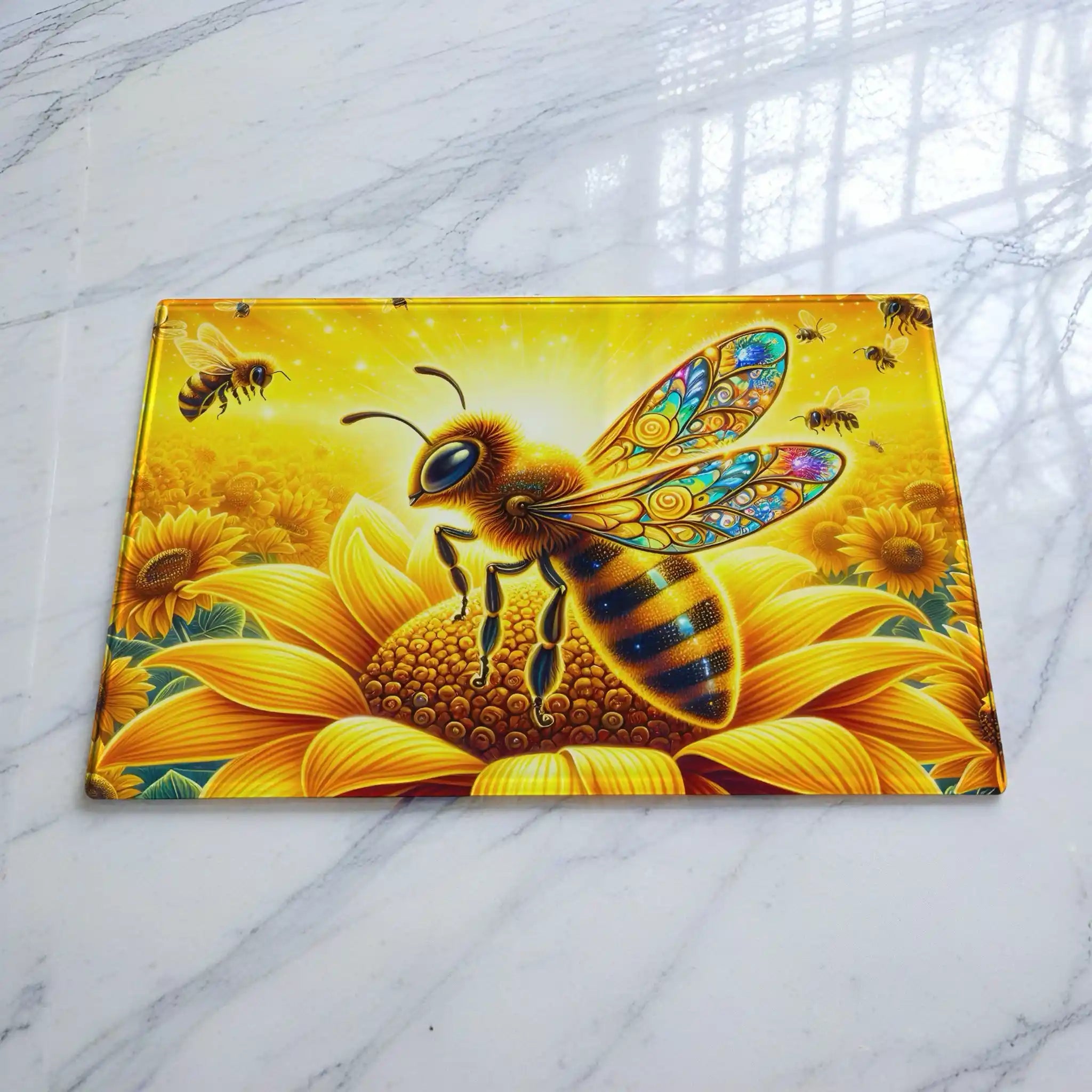 Vibrant fantasy art golden honeybee chopping board from Laser Design Creations featuring a luminous bee perched upon a golden blossom against a colourful floral mosaic backdrop.