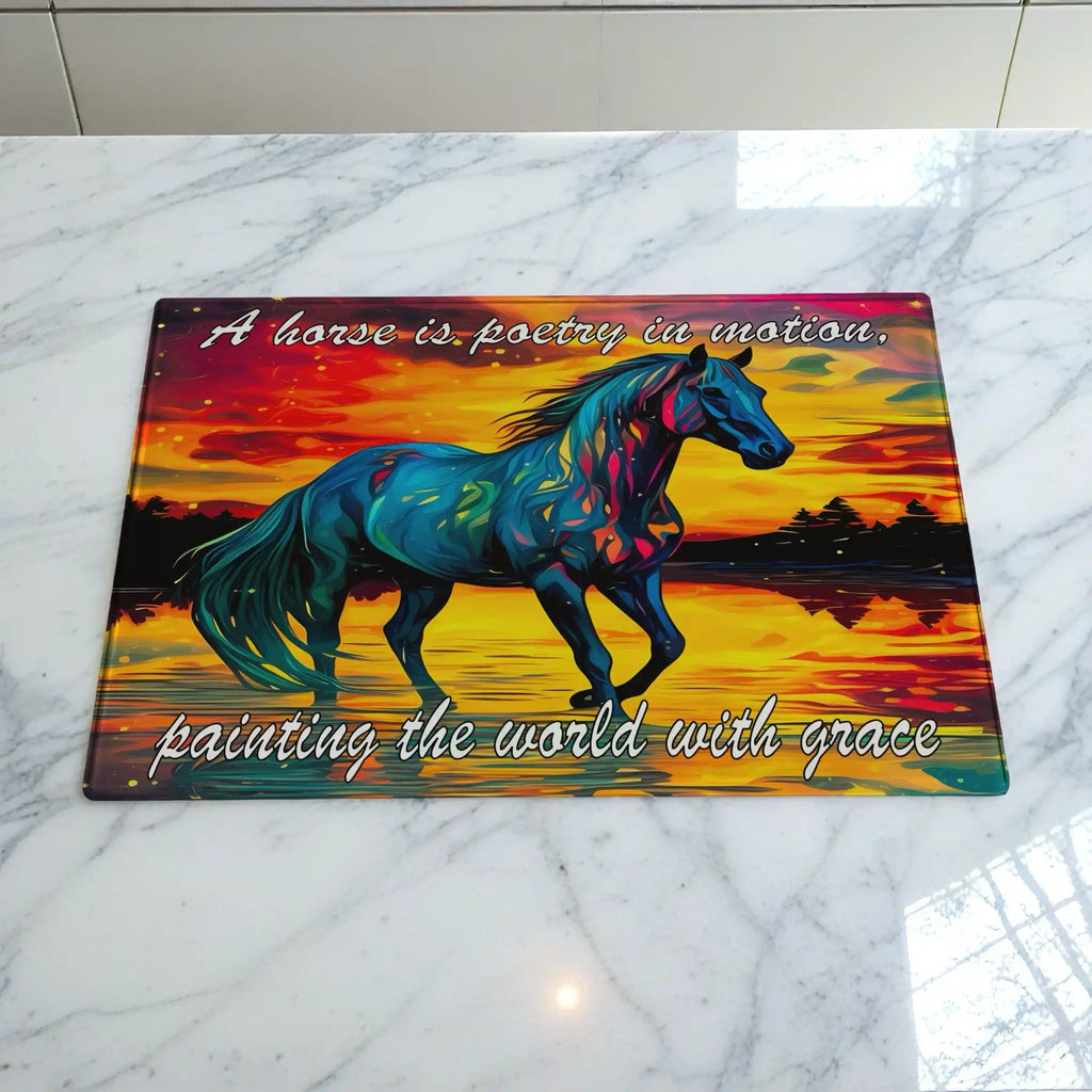 Vibrant colourful expressionist horse sunset chopping board by Laser Design Creations, featuring a beautiful running horse and inspiring quote against a vivid twilight backdrop.