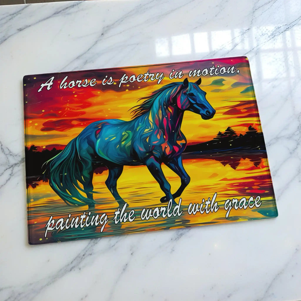 Vibrant colourful expressionist horse sunset chopping board from Laser Design Creations featuring a silhouette of a horse in motion with the text a horse is poetry in motion painting the world with grace over a glowing sunset.