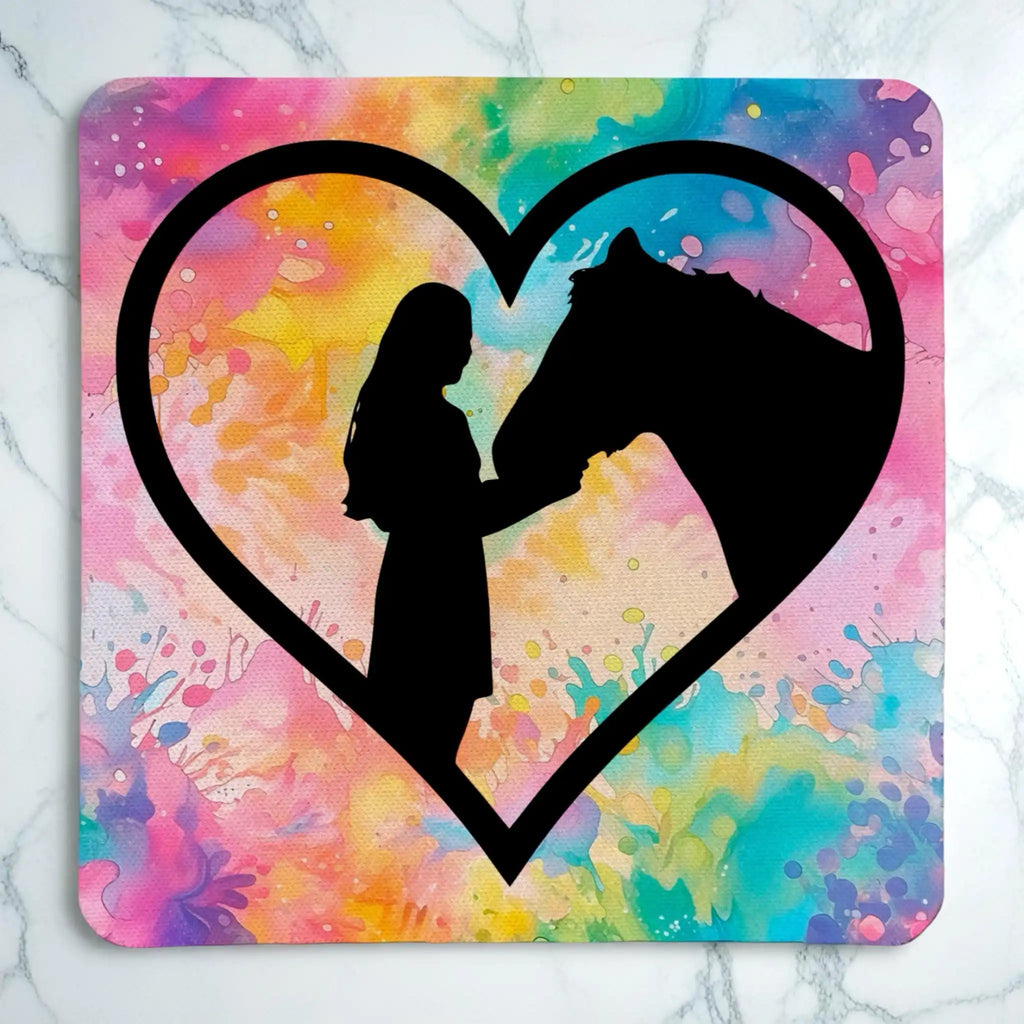 Top view of Vibrant Watercolour Horse Heart neoprene coaster with a colourful horse silhouette inside a heart shape, by Laser Design Creations.