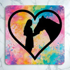Top view of Vibrant Watercolour Horse Heart neoprene coaster with a colourful horse silhouette inside a heart shape, by Laser Design Creations.