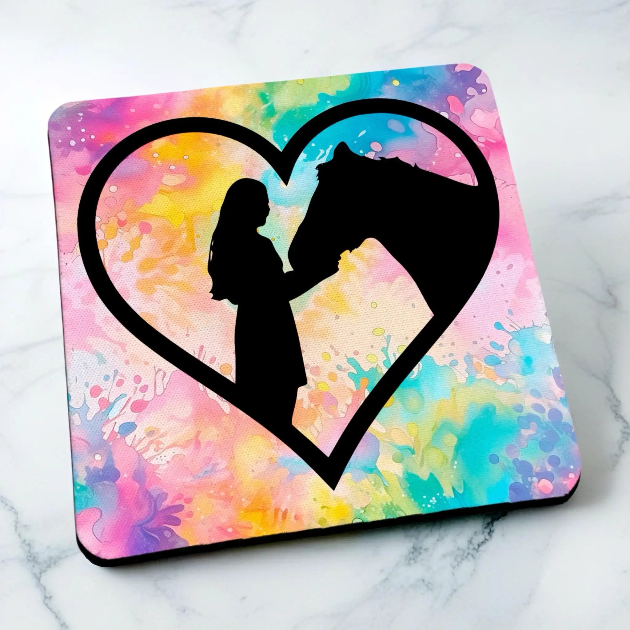 Side view of Vibrant Watercolour Horse Heart neoprene coaster with a colourful horse silhouette design, by Laser Design Creations.