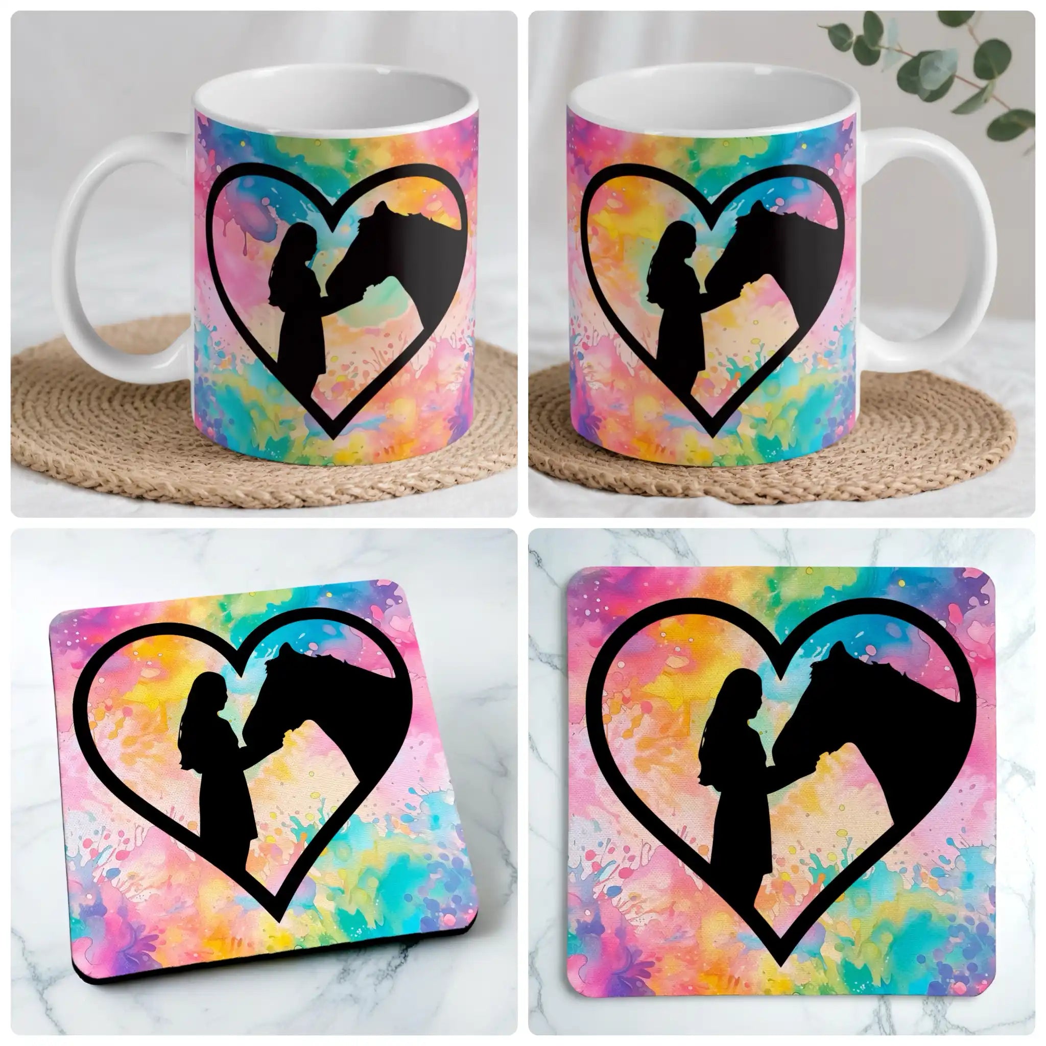 Vibrant Watercolour Horse Heart mug and coaster combo gift set collage, featuring a colourful horse silhouette inside a heart on a clean background, by Laser Design Creations.