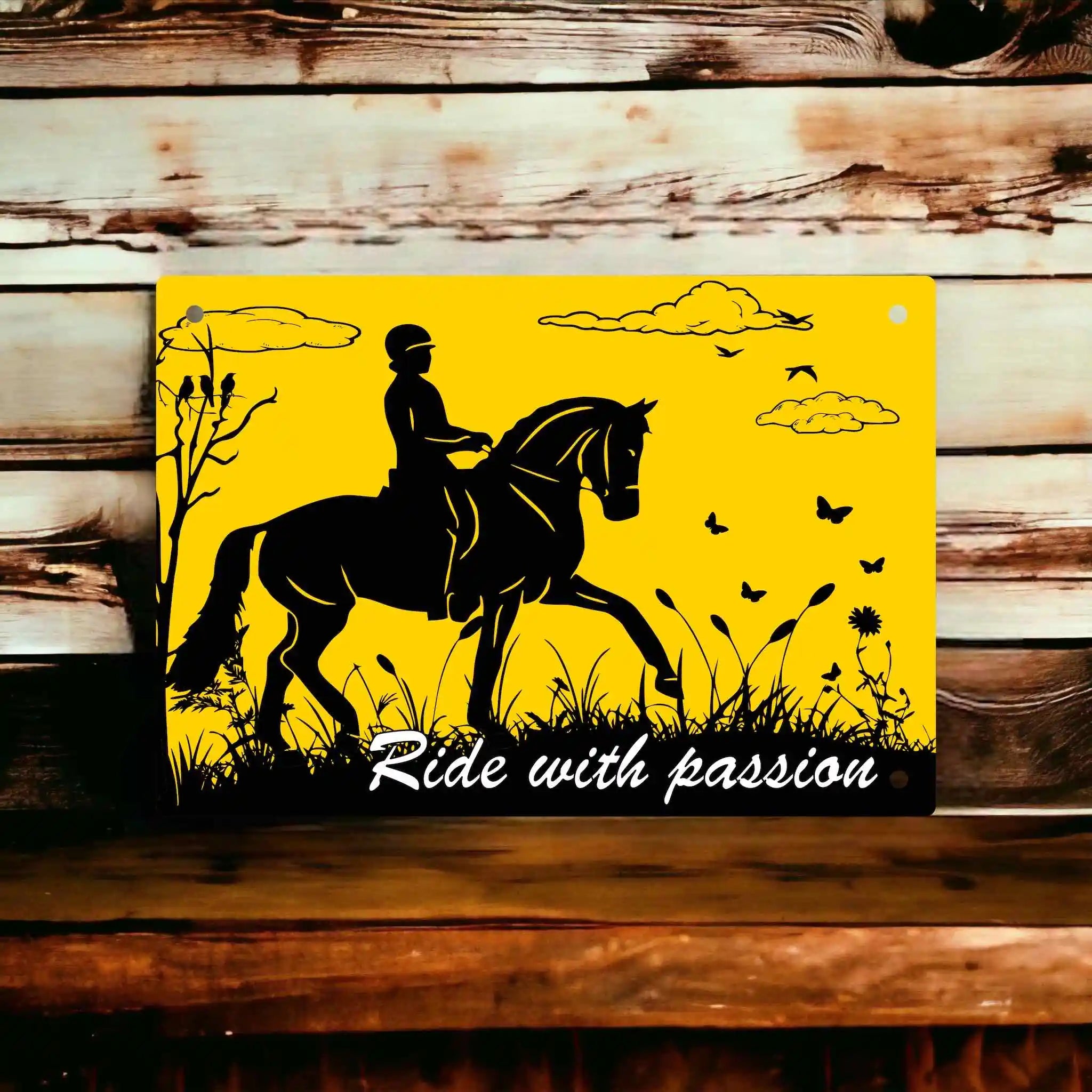 A silhouette of a horse and rider with the inspirational quote 'Ride with passion', Aluminium Sign from Laser Design Creations.