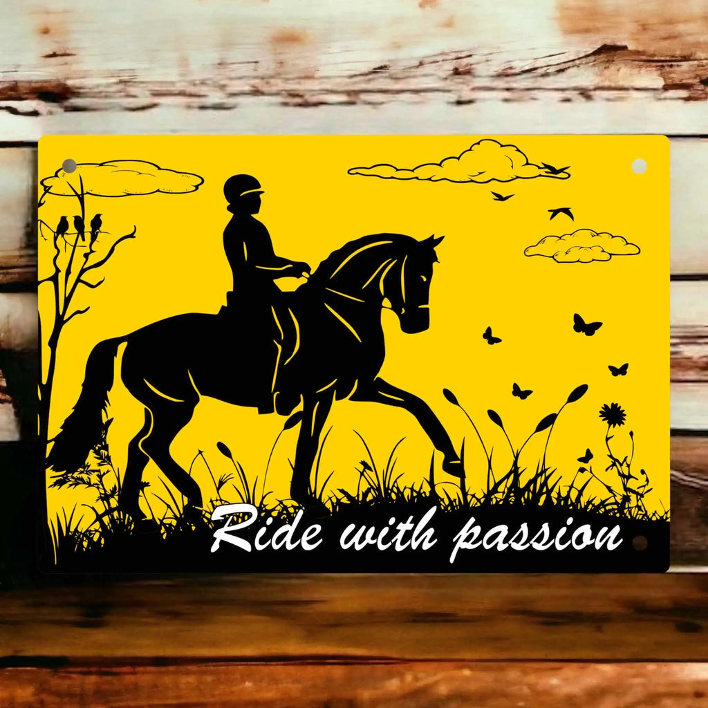 Horse and Rider Silhouette Sign by Laser Design Creations, featuring a horse and rider in silhouette form with the motivational text 'Ride with passion'.