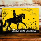 Horse and Rider Silhouette Sign by Laser Design Creations, featuring a horse and rider in silhouette form with the motivational text 'Ride with passion'.