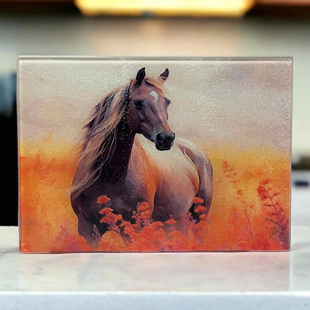 A painterly style horse surrounded by warm, fiery sunset flowers chopping board from Laser Design Creations