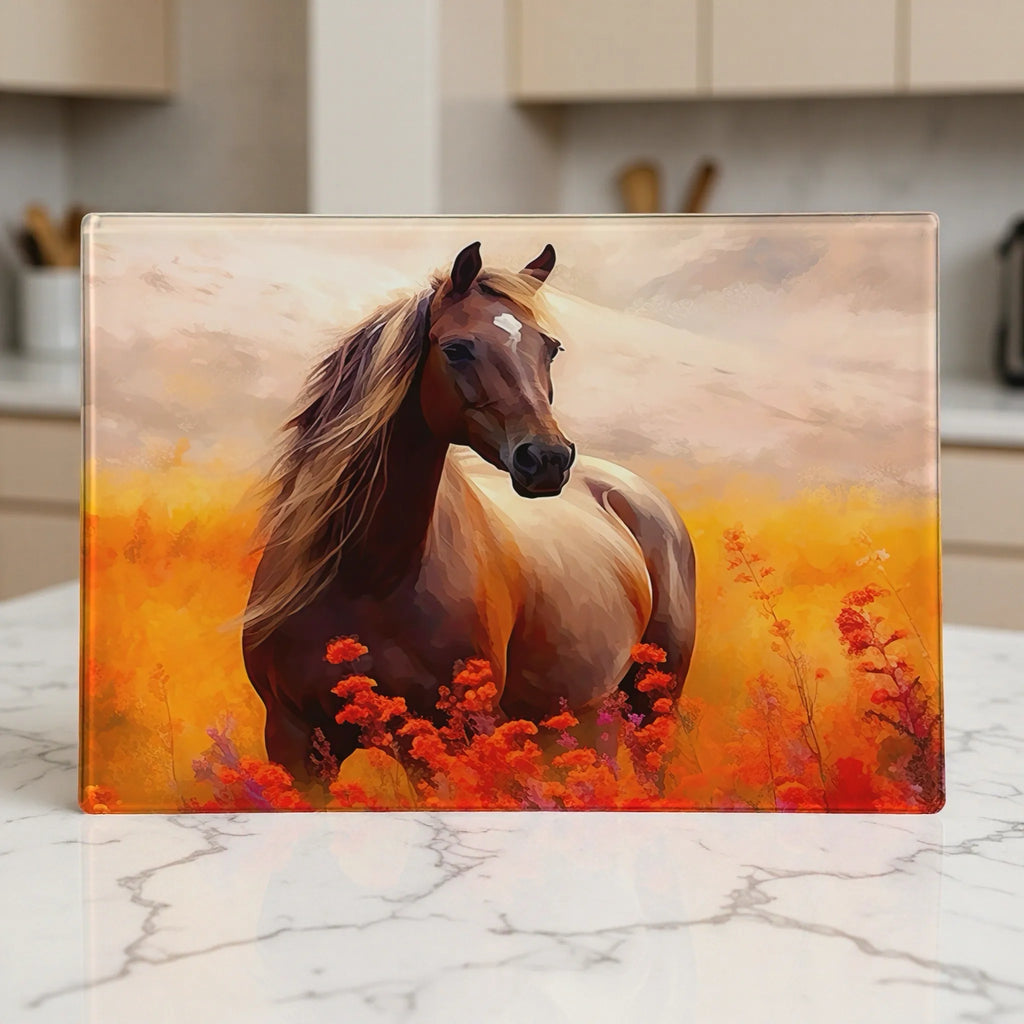A painterly style horse surrounded by warm, fiery sunset flowers chopping board from Laser Design Creations