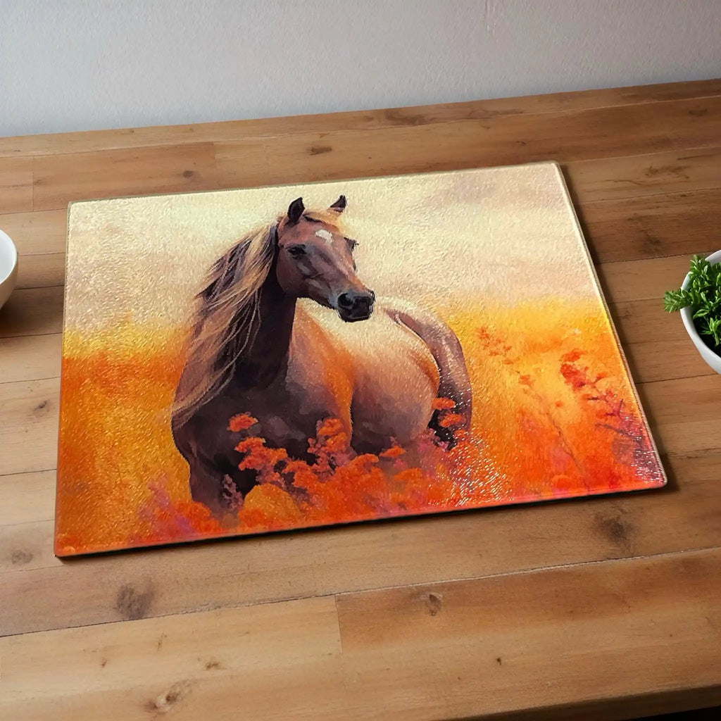 Artistic Horse Sunset Flowers chopping board by Laser Design Creations, featuring a majestic horse amidst a vibrant, impressionistic field of fiery flowers evoking a warm sunset.