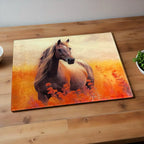 Artistic Horse Sunset Flowers chopping board by Laser Design Creations, featuring a majestic horse amidst a vibrant, impressionistic field of fiery flowers evoking a warm sunset.