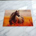 Artistic Horse Sunset Flowers chopping board by Laser Design Creations, featuring a majestic horse amidst a vibrant, impressionistic field of fiery flowers evoking a warm sunset.
