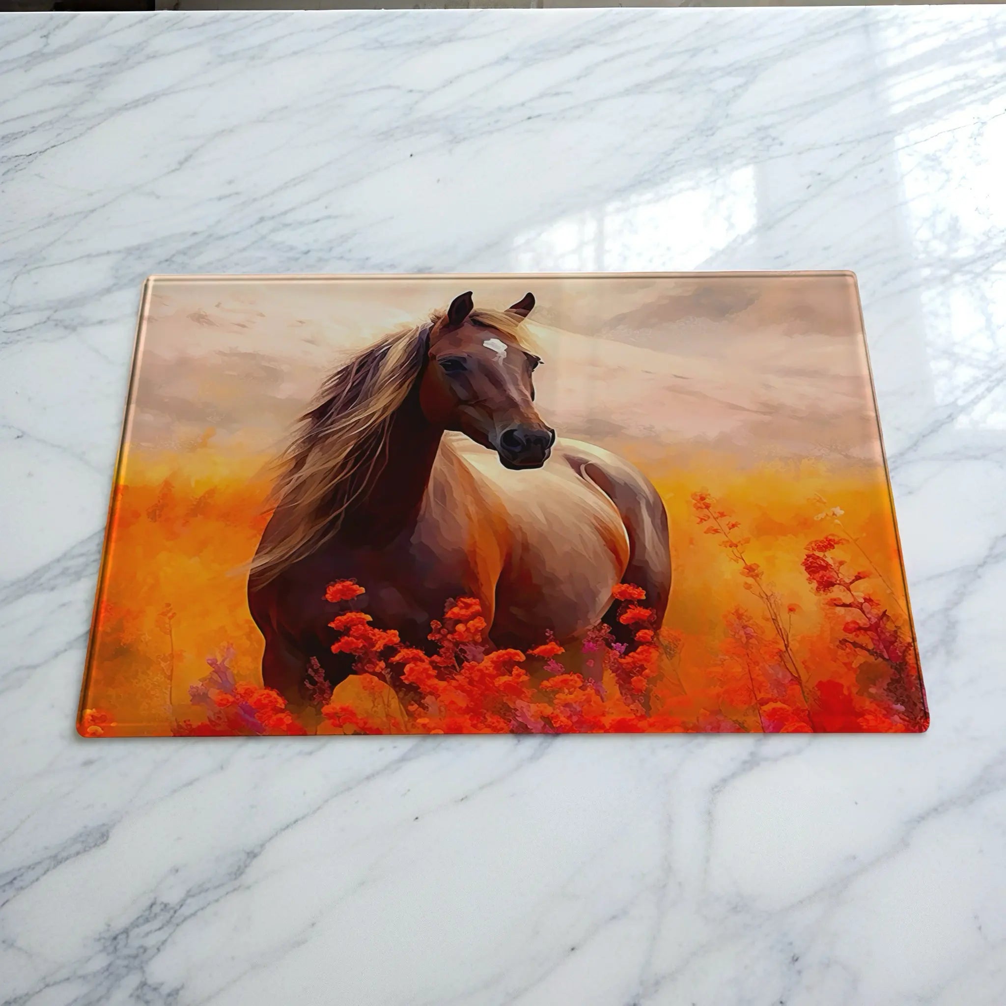 Artistic Horse Sunset Flowers chopping board by Laser Design Creations, featuring a majestic horse amidst a vibrant, impressionistic field of fiery flowers evoking a warm sunset.