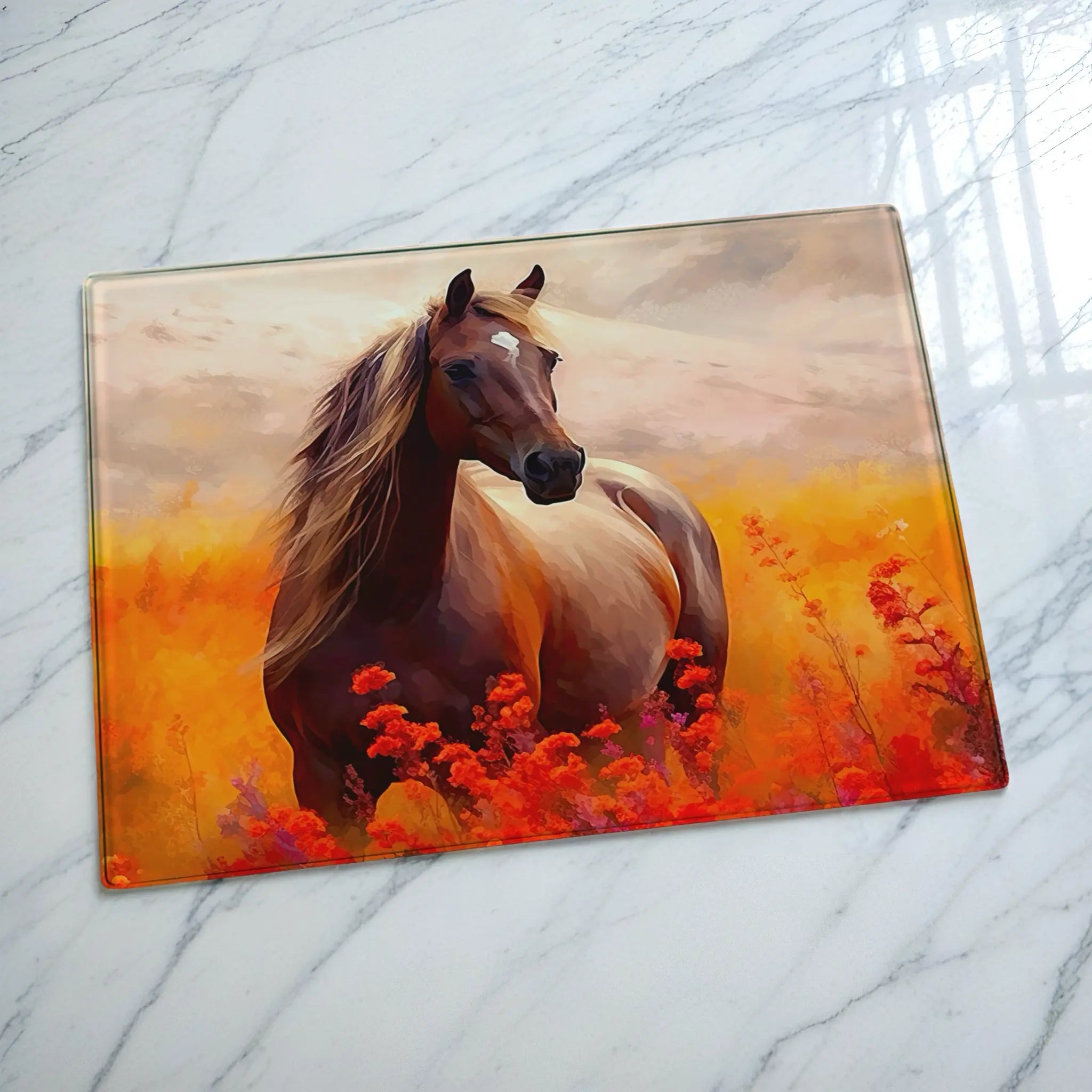 Artistic Horse Sunset Flowers chopping board by Laser Design Creations, featuring a majestic horse amidst a vibrant, impressionistic field of fiery flowers evoking a warm sunset. Displayed on a marble countertop.
