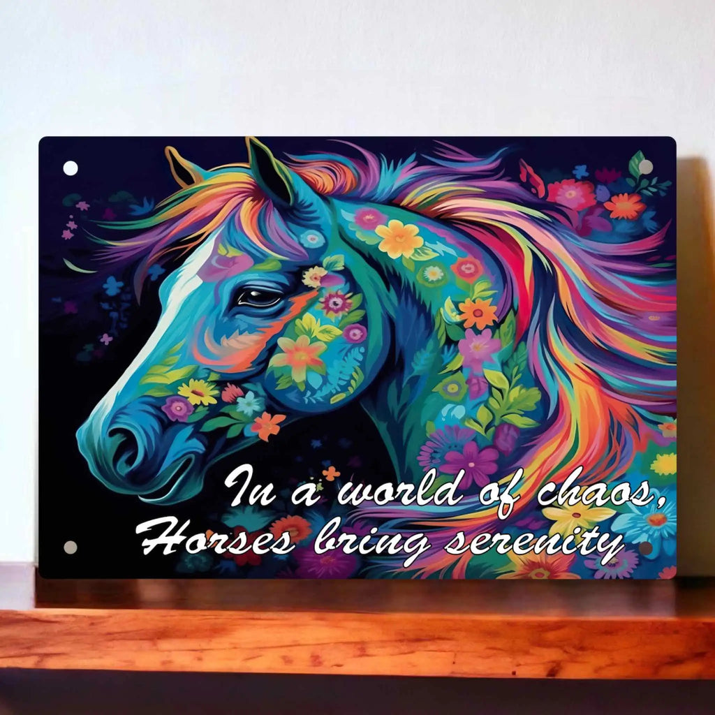 A colourful, painterly artwork of a horse surrounded by vibrant flowers with the quote 'In a world of chaos, Horses bring serenity' Aluminium Sign from Laser Design Creations.