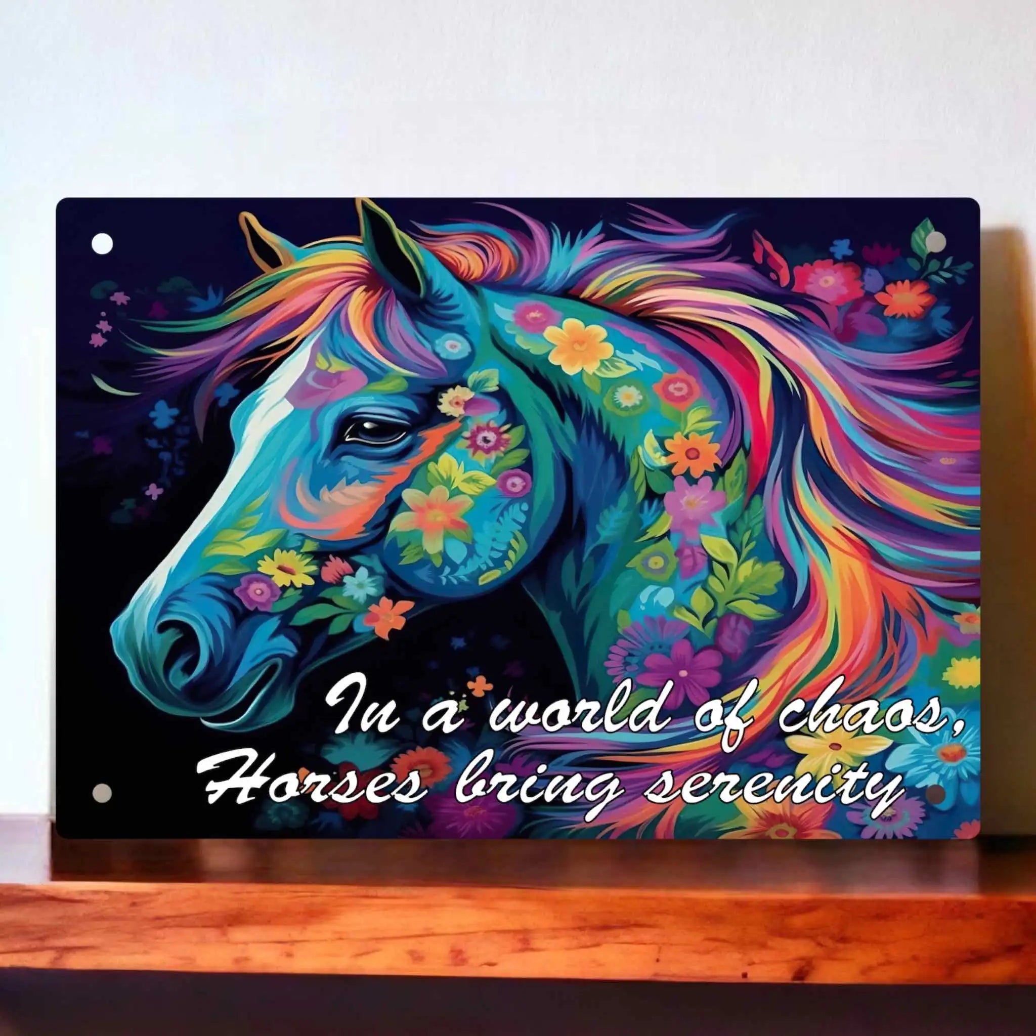 A colourful, painterly artwork of a horse surrounded by vibrant flowers with the quote 'In a world of chaos, Horses bring serenity' Aluminium Sign from Laser Design Creations.