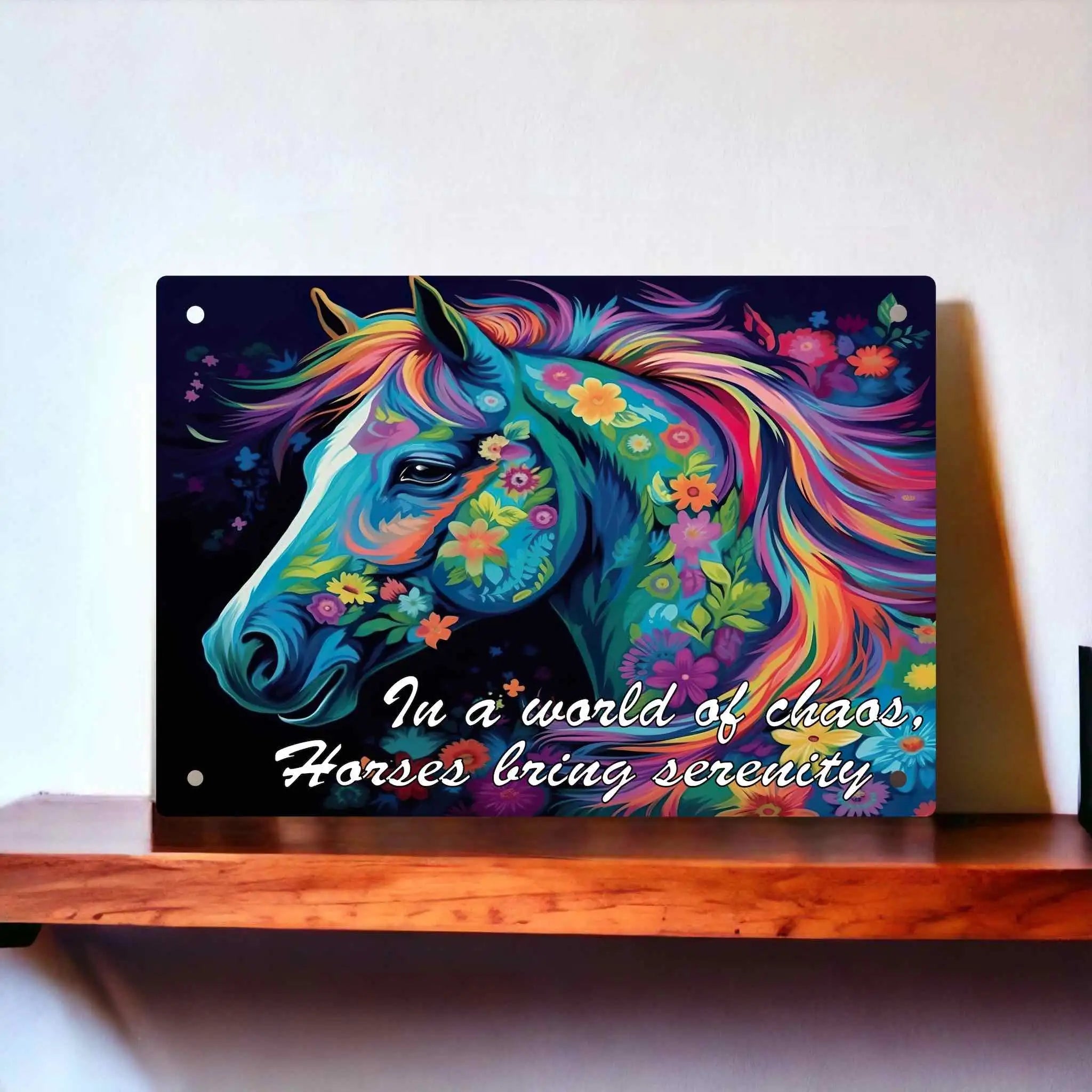 Horses Bring Serenity Floral Art by Laser Design Creations, featuring a beautifully painted horse amidst a colourful floral background Aluminium Sign.