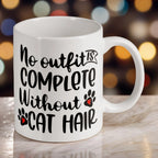 Reverse side of the "No Outfit is Complete Without Cat Hair" ceramic mug, showcasing the wrap-around artwork by Laser Design Creations.
