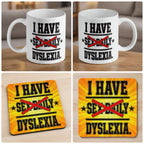 I Have Sex Daily Dyslexia mug and coaster combo gift set collage, cheeky adult joke typography on a crisp white background, by Laser Design Creations.