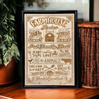 Farmhouse Rules wood engraved sign displayed near houseplants and wicker basket, country kitchen wall art, Laser Design Creations, Australia.
