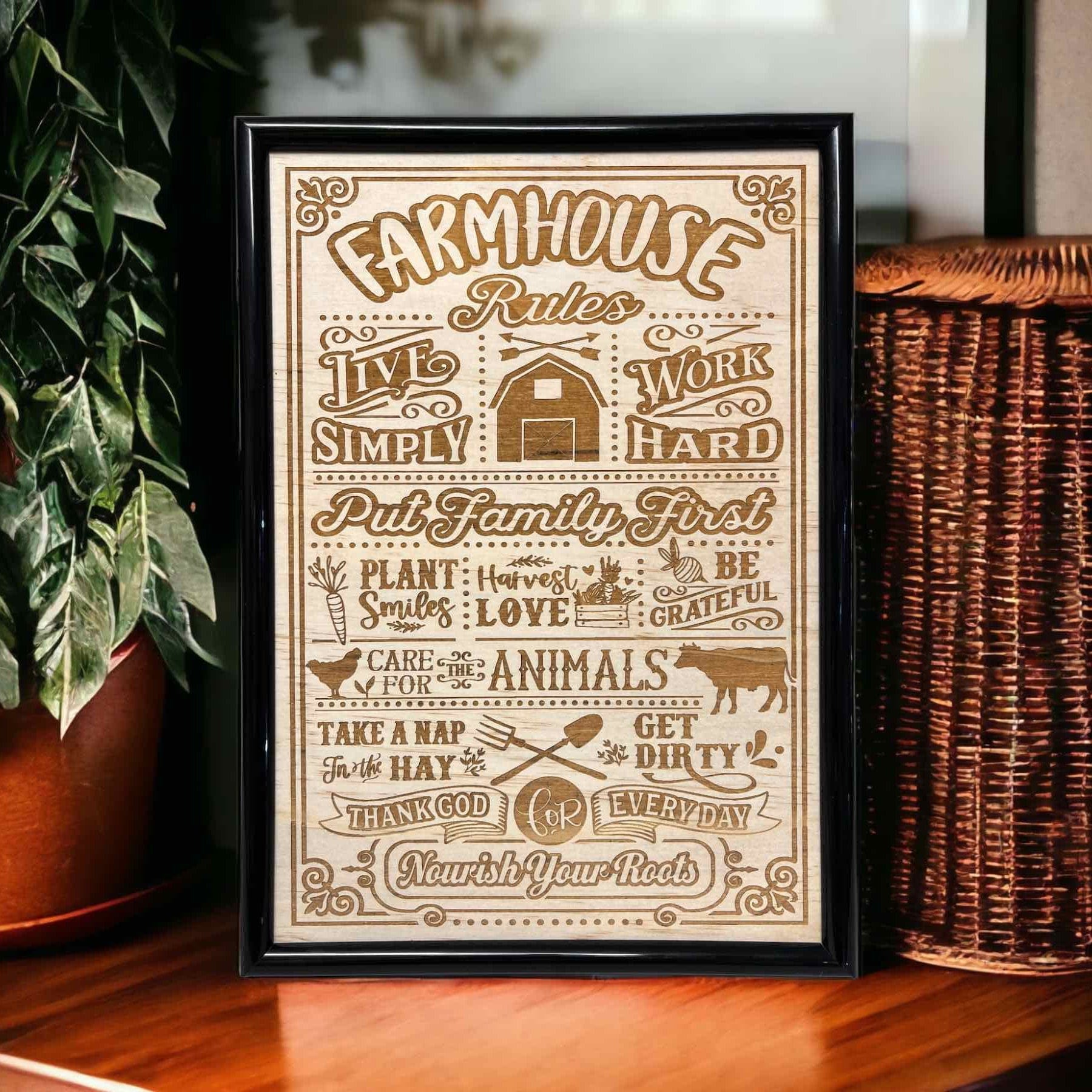 Farmhouse Rules wood engraved sign displayed near houseplants and wicker basket, country kitchen wall art, Laser Design Creations, Australia.