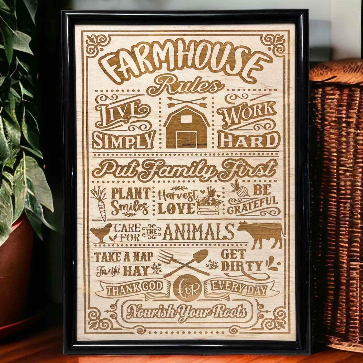 Farmhouse Rules wood engraved art in black frame, rustic family decor by Laser Design Creations, Australia.