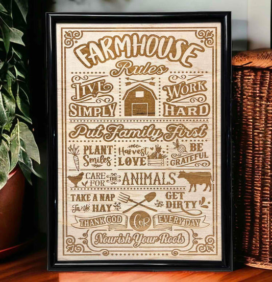 ‘Farmhouse Rules’ Wood Engraved Home Decor Sign - Laser Design Creations