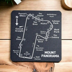 Top view of a set of four Bathurst Mount Panorama map neoprene coasters by Laser Design Creations.