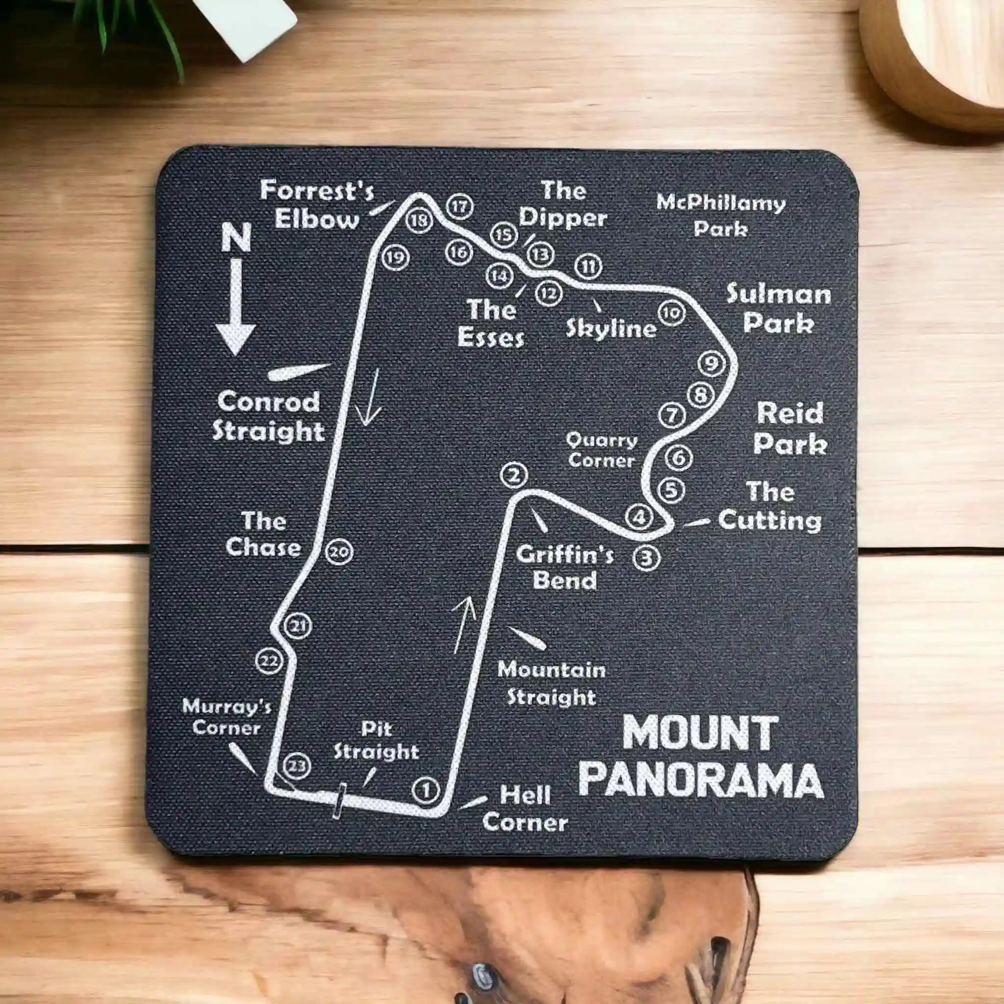 Top view of a set of four Bathurst Mount Panorama map neoprene coasters by Laser Design Creations.