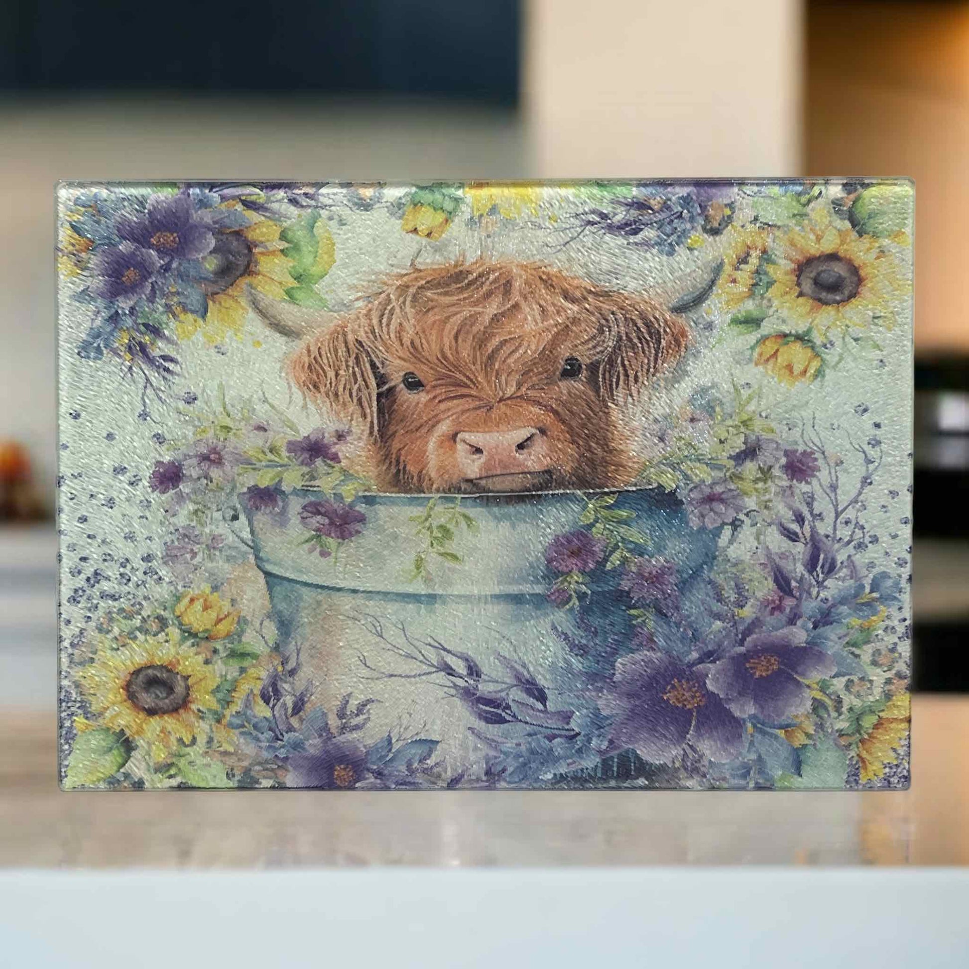 ‘Highland Calf in Bucket’ Design - Textured Glass Cutting / Serving Board - Laser Design Creations