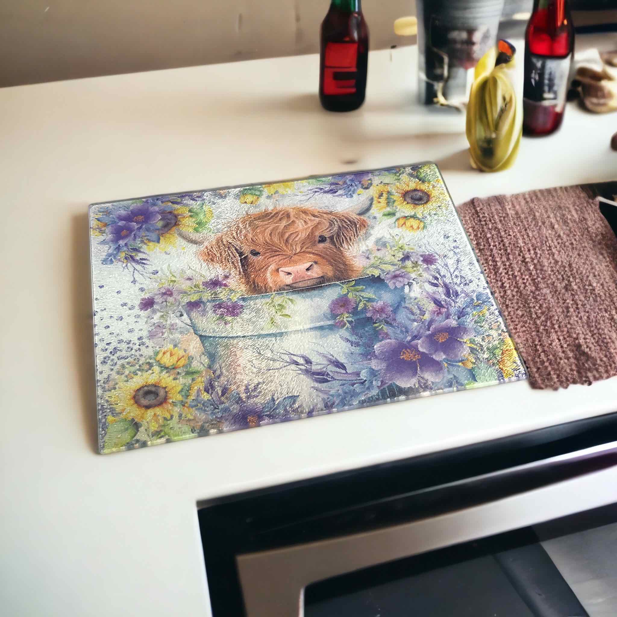 ‘Highland Calf in Bucket’ Design - Textured Glass Cutting / Serving Board - Laser Design Creations