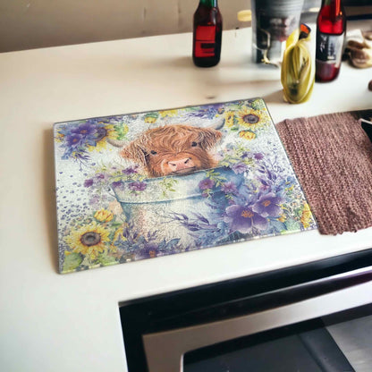 ‘Highland Calf in Bucket’ Design - Textured Glass Cutting / Serving Board - Laser Design Creations