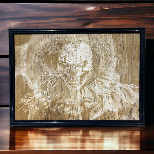 Creepy Scary Clown - Wood Engraved Art Style Design - Laser Design Creations