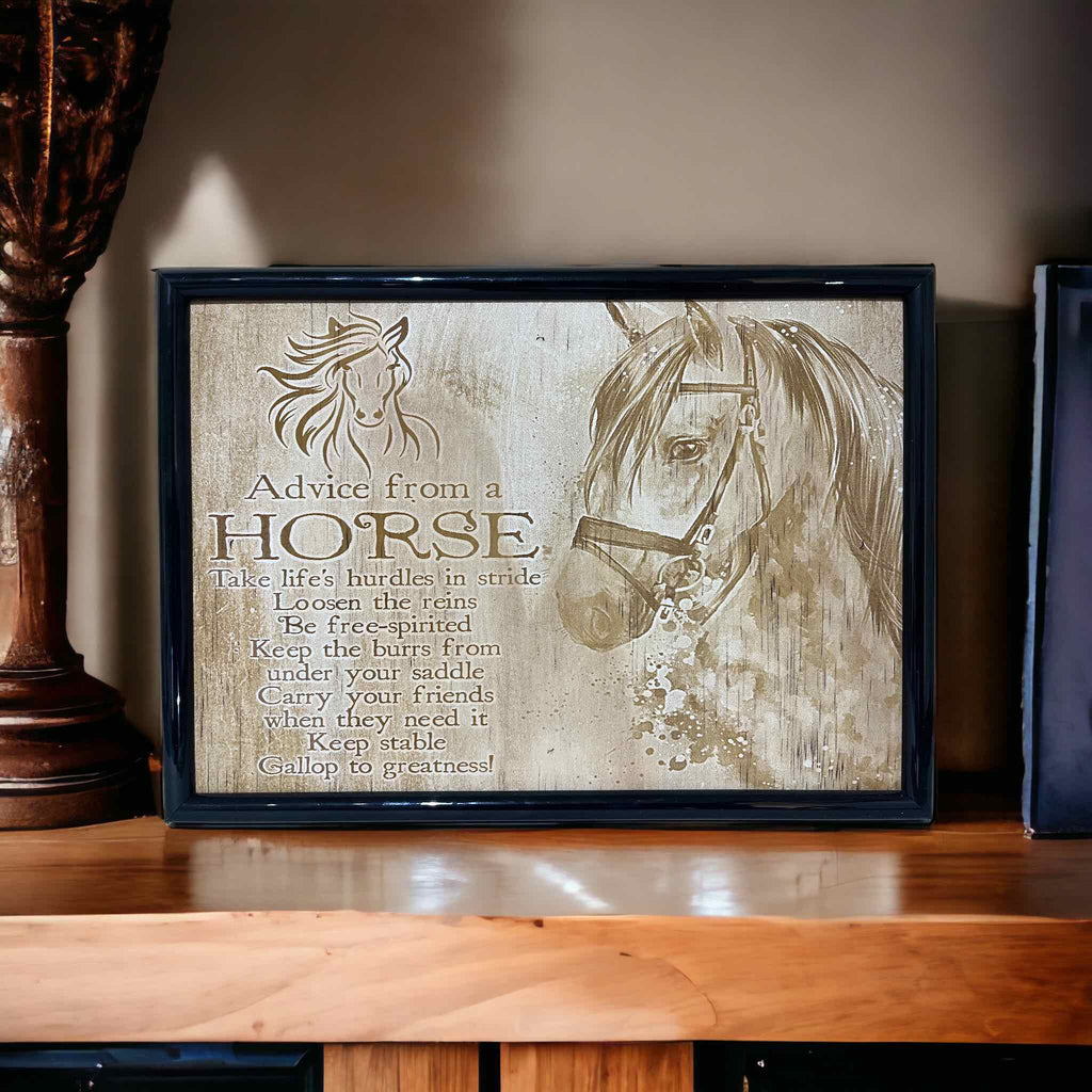 Rustic horse engraved wall art with motivational advice, handmade in Australia by Laser Design Creations.