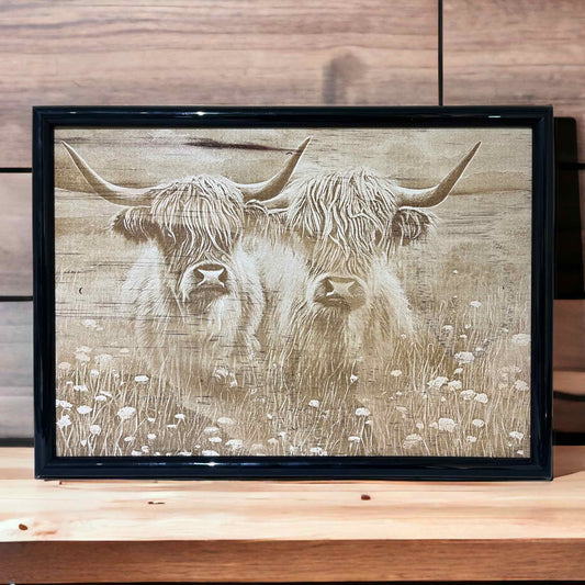 Highland Cattle / Cows in Field - Wood Engraved Art Style Design - Laser Design Creations