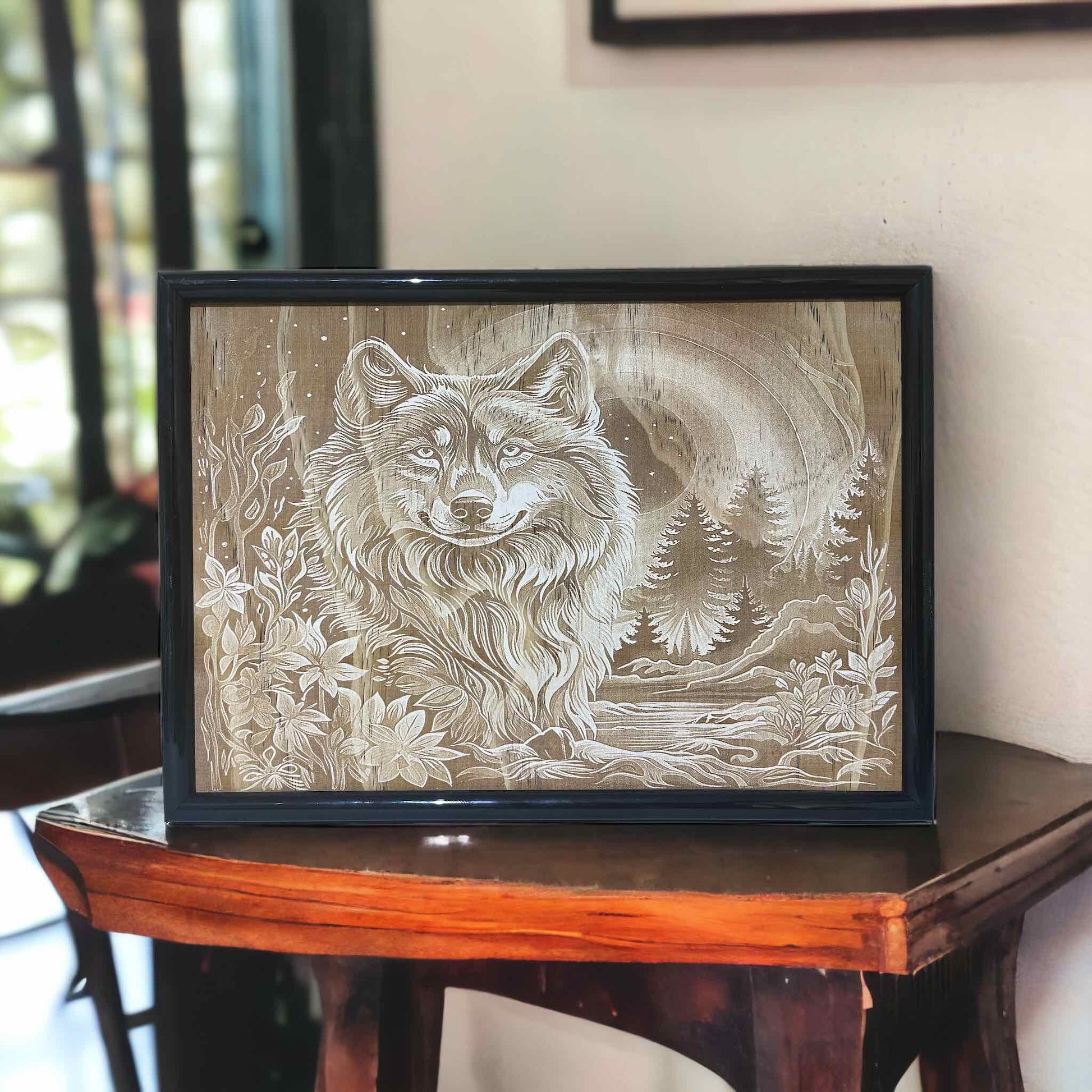 Intricate Floral Wolf in Nature - Wood Engraved Art Style Design - Laser Design Creations