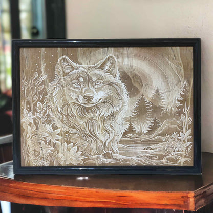 Intricate Floral Wolf in Nature - Wood Engraved Art Style Design - Laser Design Creations