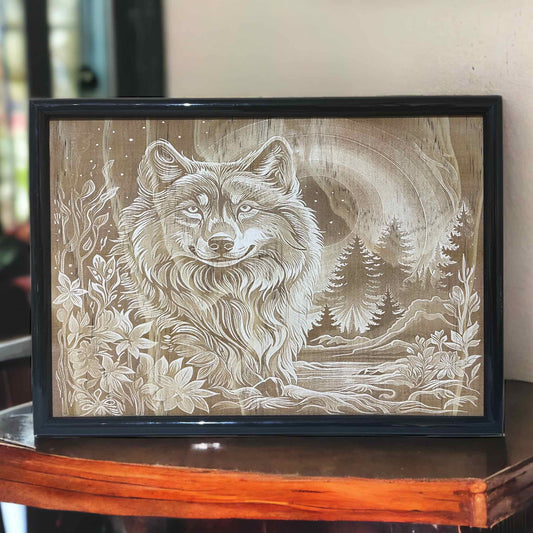 Intricate Floral Wolf in Nature - Wood Engraved Art Style Design - Laser Design Creations