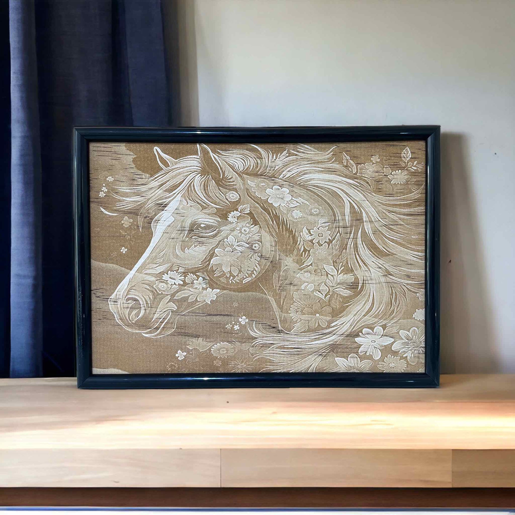 Floral Orchid Horse - Wood Engraved Art Style Design - Laser Design Creations