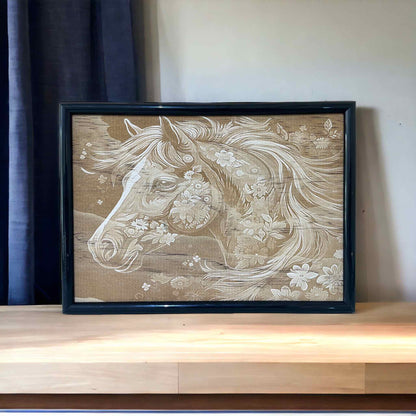 Floral Orchid Horse - Wood Engraved Art Style Design - Laser Design Creations