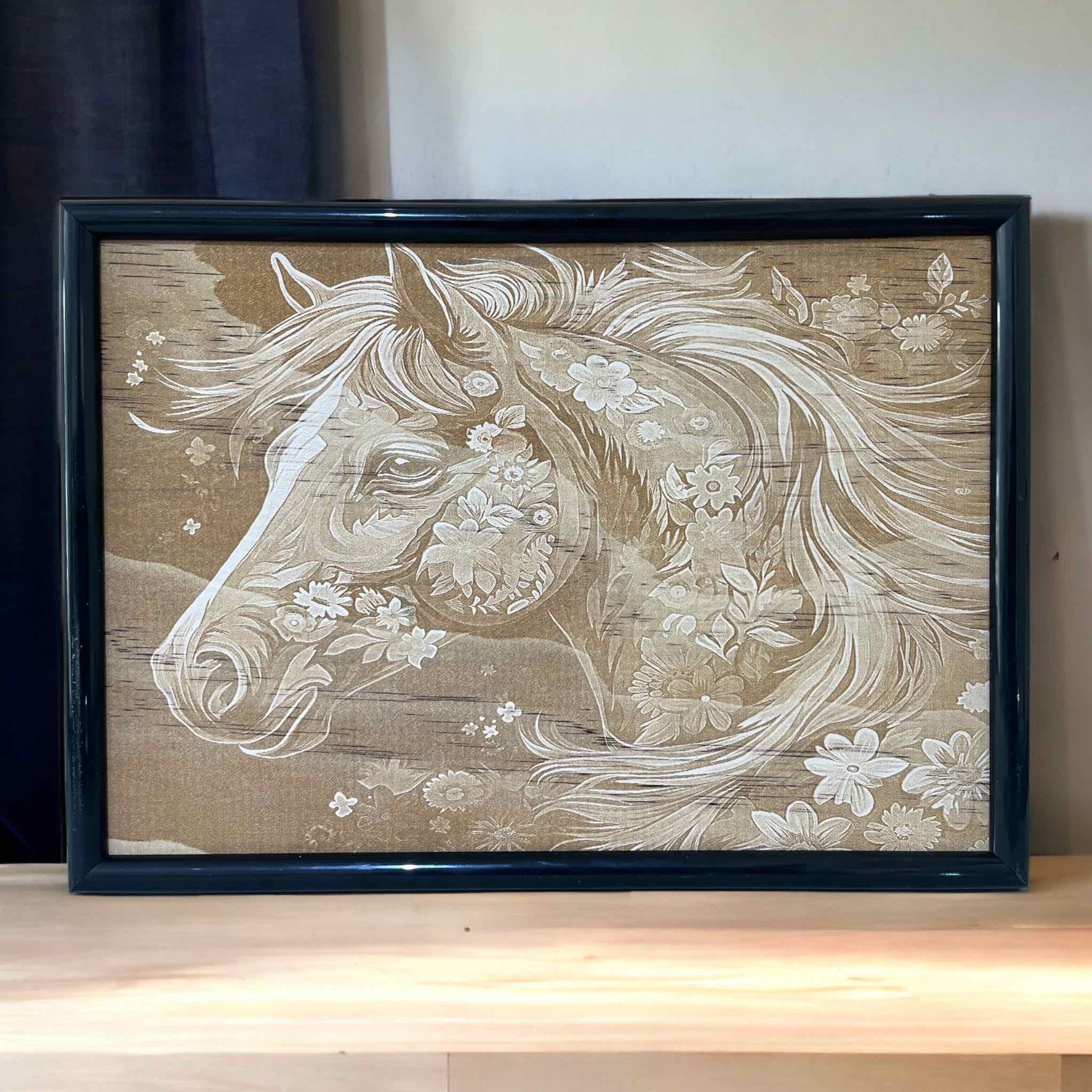 Floral Orchid Horse - Wood Engraved Art Style Design - Laser Design Creations