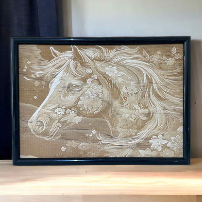 Floral Orchid Horse - Wood Engraved Art Style Design - Laser Design Creations