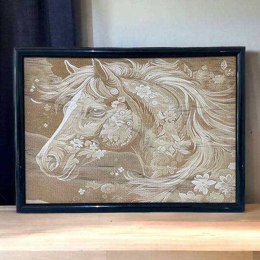 Floral Orchid Horse - Wood Engraved Art Style Design - Laser Design Creations