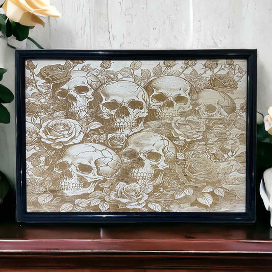Skulls & Roses - Wood Engraved Art Style Design - Laser Design Creations