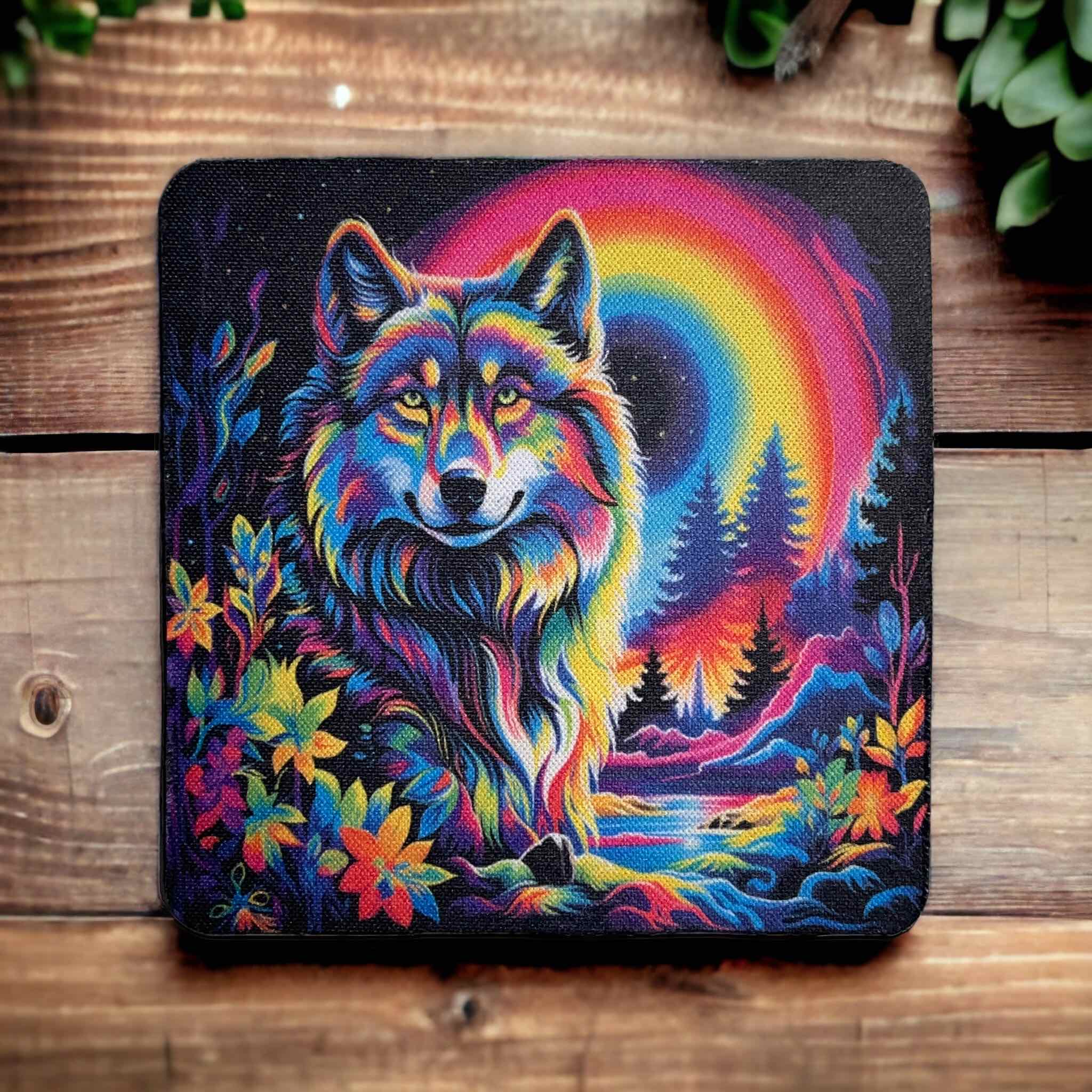 Rainbow Wolf Design - Neoprene Coaster - Laser Design Creations