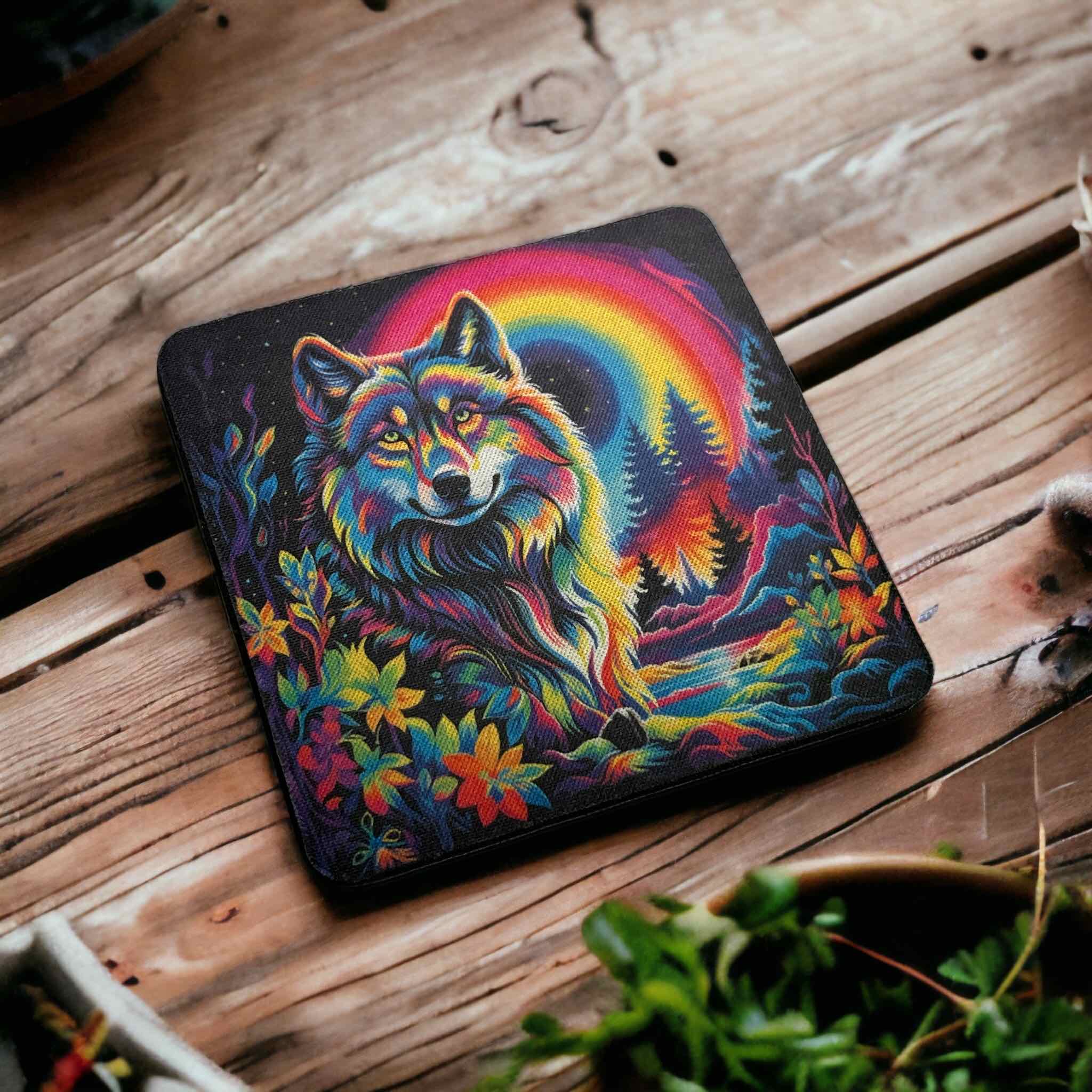 Rainbow Wolf Design - Neoprene Coaster - Laser Design Creations