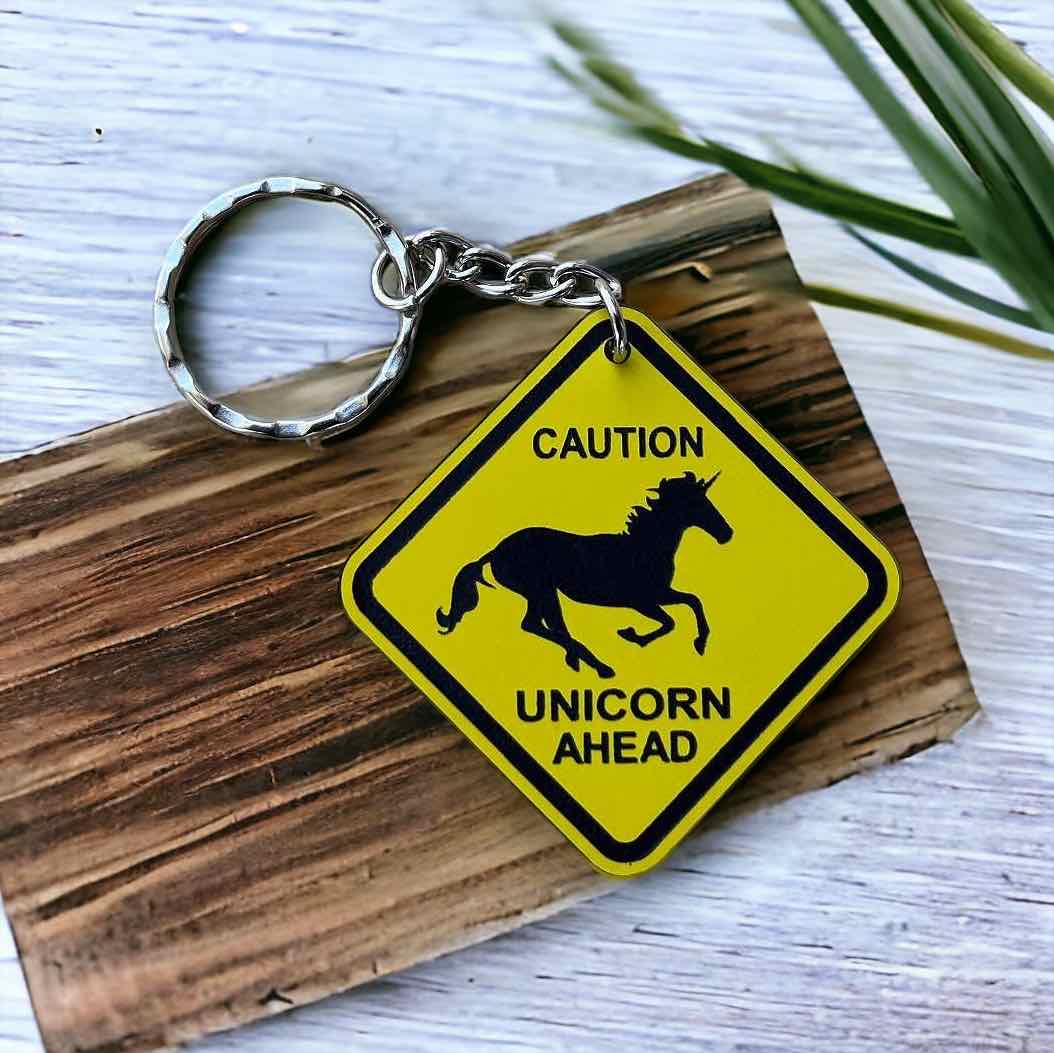 ‘Caution - Unicorn Ahead’ - Street Sign Design Keyring / Bag Tag - Laser Design Creations