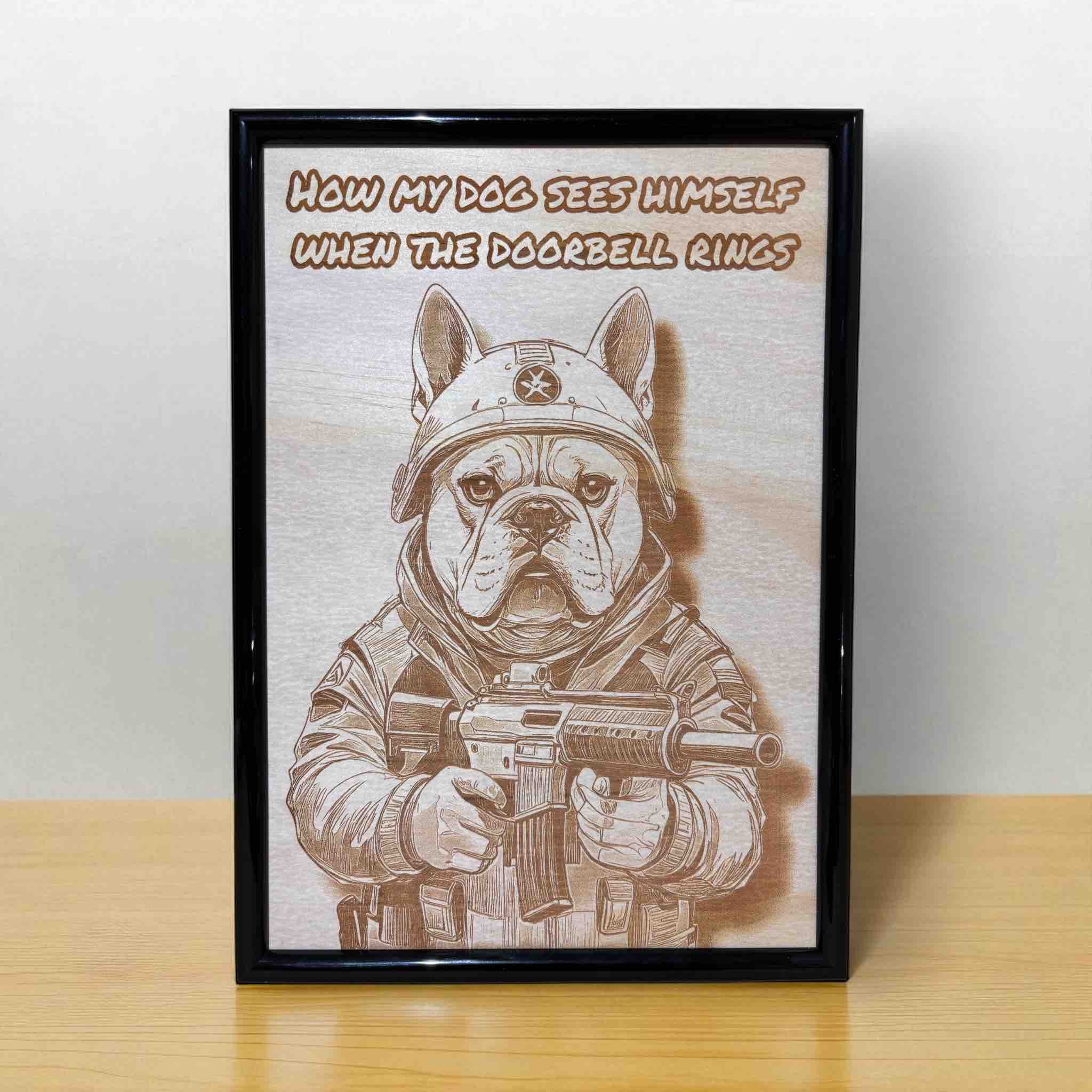 Framed wood engraved art of a heroic dog in tactical gear with funny caption by Laser Design Creations.