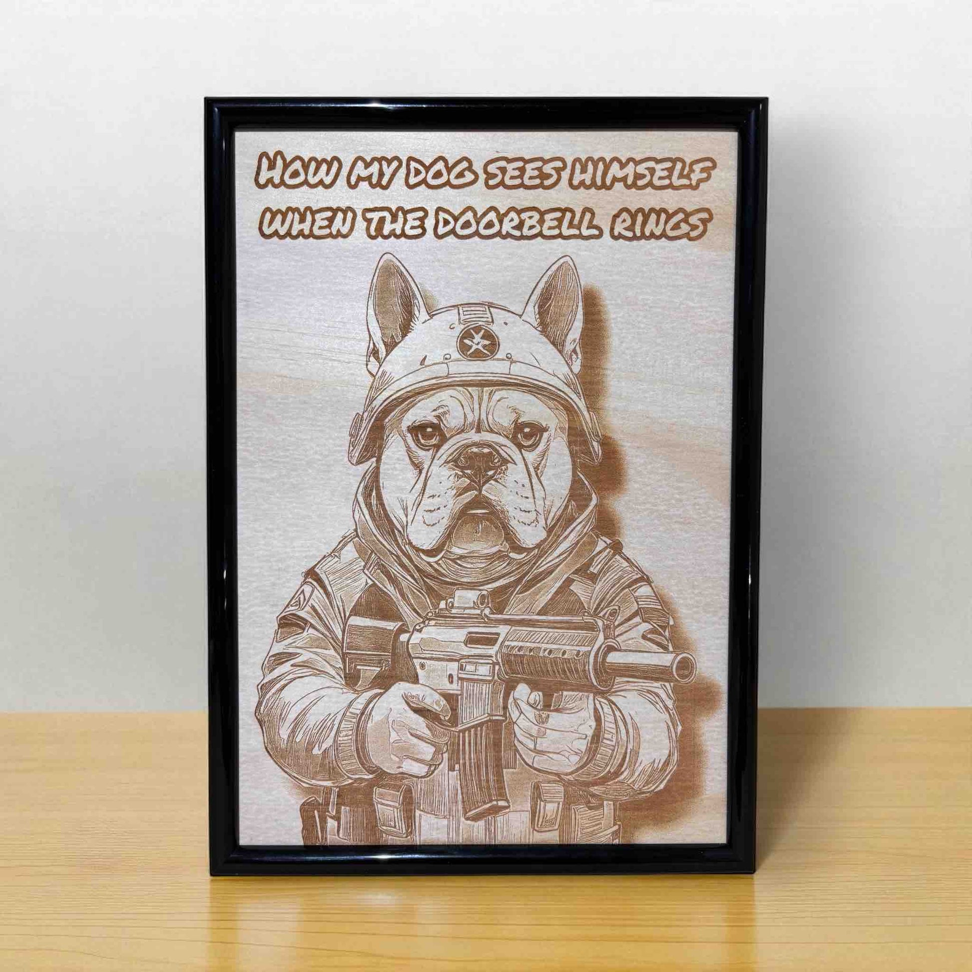 Framed wood engraved art of a heroic dog in tactical gear with funny caption by Laser Design Creations.