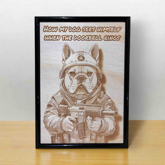 Framed wood engraved art of a heroic dog in tactical gear with funny caption by Laser Design Creations.
